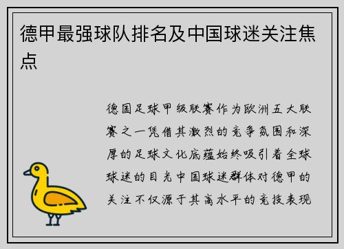 德甲最强球队排名及中国球迷关注焦点